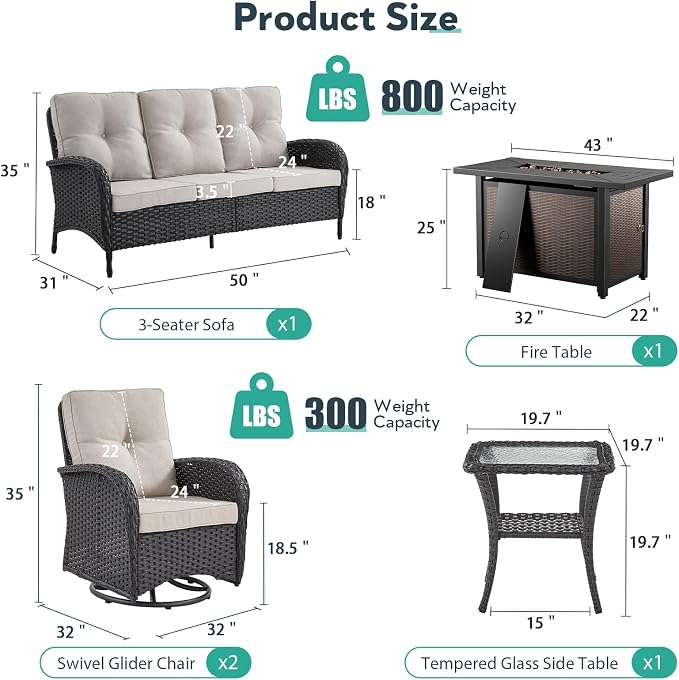 5 Piece Patio Furniture Sets with Fire Pit Table - Wicker Patio Conversation Sets with Swivel Glider, Loveseat, Tempered Glass Side Table for Deck Backyard - Black Wicker Beige Cushion