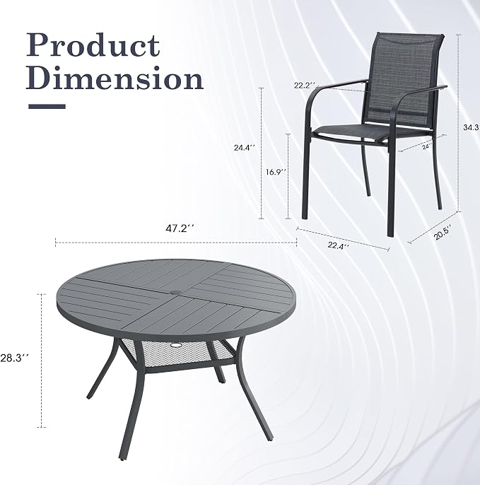 7 Pieces Outdoor Dining Set, Stackable Textilene Paito Chairs & 47.1" Round Dining Table with Umbrella Hole and Shelf, Patio Dining Set for Backyard, Deck, Garden, Grey & Dark Grey