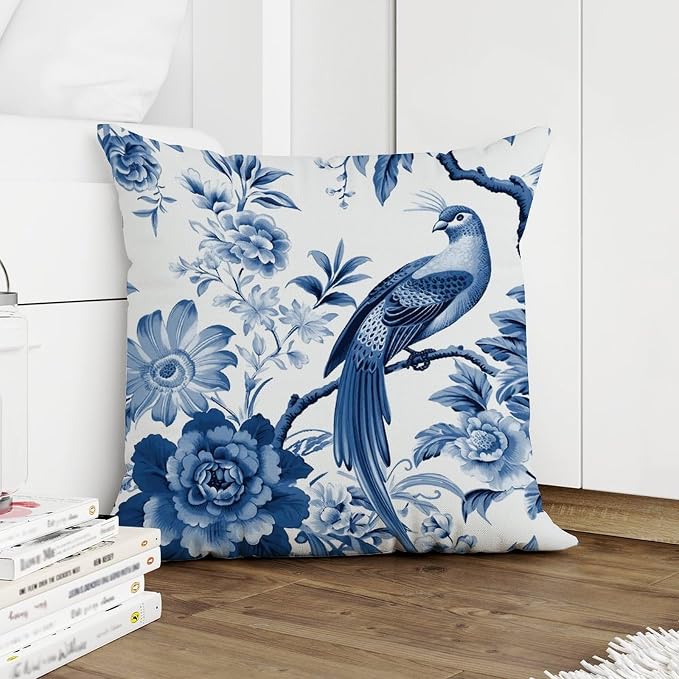 Throw Pillow Covers Blue Indigo Floral Chinoiserie Cushion Cover Modern Asian Navy Lotus Bird Pillow Cover Accent Square Couch Sofa Cushion Covers for Bedroom Sofa Bench Porch 18x18 in