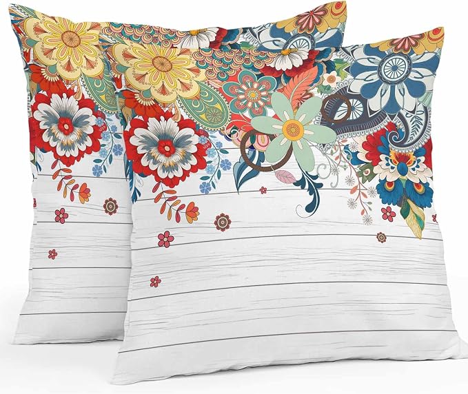 Boho Flowers Waterproof Outdoor Pillow Covers Set of 2 Home Decor, Bohemian Abstract Floral Vintage Wood Plank Pillowcase Patio Pillow Covers for Couch Bench Furniture Garden 18x18in