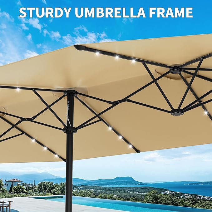 15FT Solar Patio Umbrella with 36 LED Lights, Weighted Base Included, Tilt and Crank Market Umbrella for Backyard, Garden, Deck, Pool, Beach