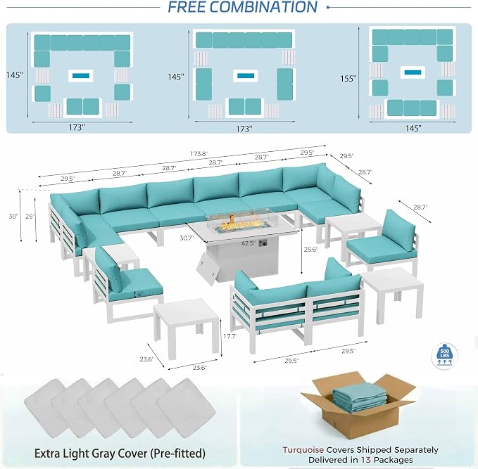 NICESOUL 17 Piece Extra Large Aluminum Outdoor Furniture Set with Fire Pit Table Propane/Gas, Rust-Proof Luxury Patio Sectional with Coffee Table, Comfortable Conversation Sofa for Outside Yard, Teal