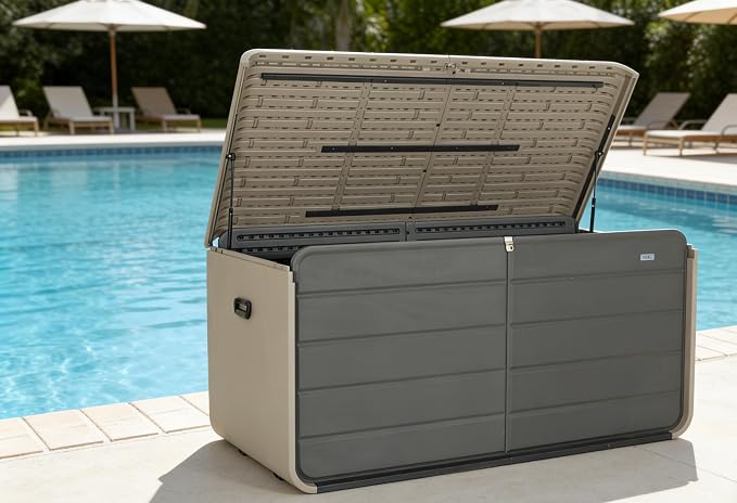 260-Gallon Heavy-Duty Plastic Deck Box with Lock, Wheels & Waterproof Lid – UV-Resistant Outdoor Storage for Cushions, Tools, Pool Supplies (Effortless Opening, Portable, Multi-Use Bench/Table)