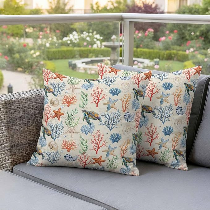 Summer Ocean Outdoor Waterproof Pillow Covers Pack of 2, Vintage Nautical Sea Turtles Shells Corals Starfish Decorative Throw Pillowcases Cushion Covers for Garden Patio Tent Sofa Couch, 16x16 inch