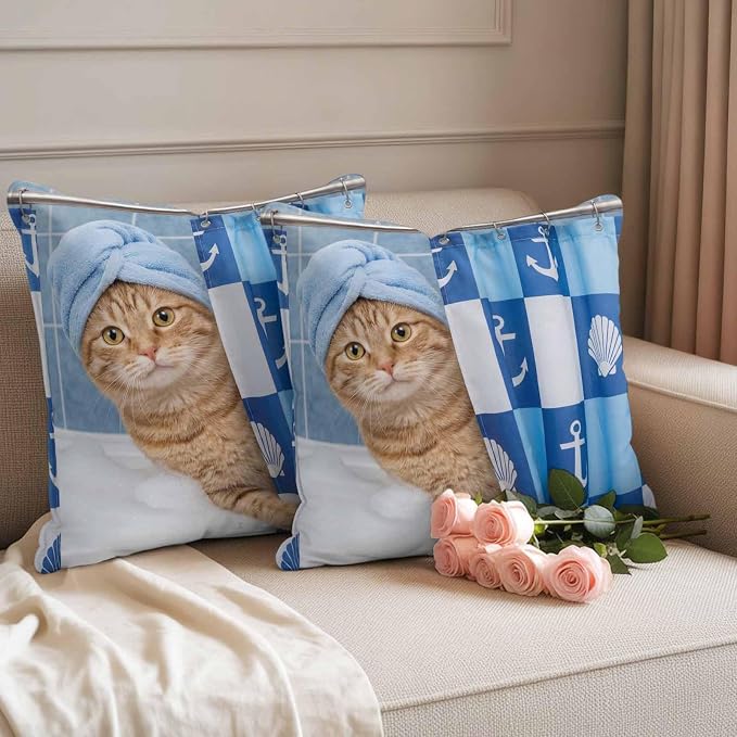 Bathing Cat Waterproof Outdoor Pillow Covers Set of 2 Home Decor, Funny Animal Showering Pillowcase Patio Pillow Covers for Couch Bench Patio Furniture Garden 26x26in
