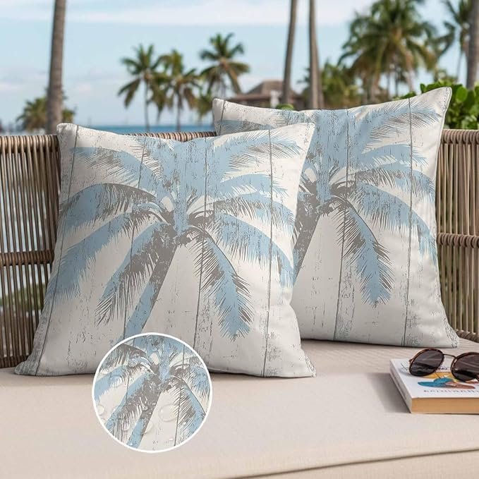 Palm Trees Outdoor Waterproof Throw Pillow Covers Set of 2, 18"x18", Light Blue Vintage Wood Grain Decorative Pillow Covers Outside Cushion Case for Patio Porch Garden