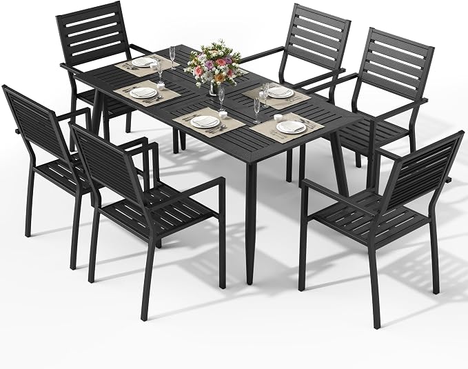 Pamapic 7-Piece HDPE Outdoor Dining Set, All-Weather Patio Furniture Set with Powder-Coated Iron Frame, Outdoor Table & 6 Stackable Chairs for Garden, Backyard, Poolside, Deck