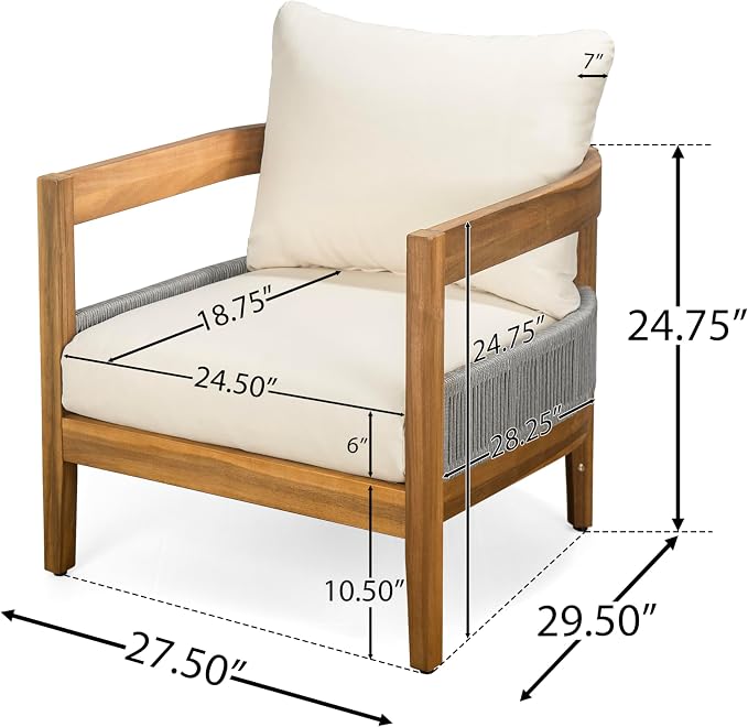 Merax 27.5" Outdoor Curved Accent Chair with All-Weather Cushions, Acacia Wood Frame Single Club Chair for Porch, Lawn, Backyard, Balcony, Teak+ Beige