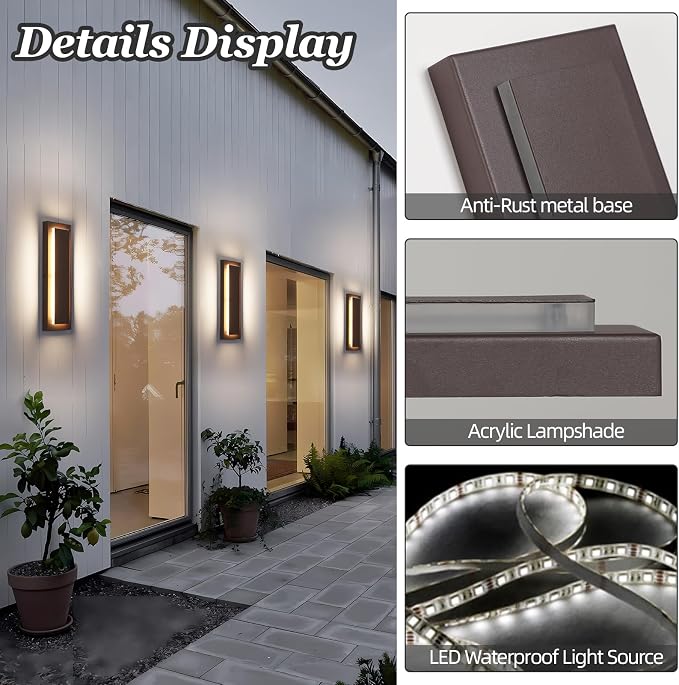 Brown Outdoor Wall Sconce Exterior Lights Fixture 15.7 in,12 W | Modern Porch Lights,Waterproof Outdoor Wall Lighting,Included 3000K Warm White LED Light Bead,360° Angle,2 Packs