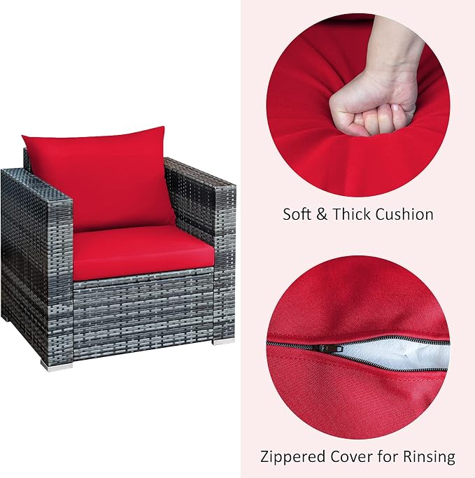 COSTWAY 3-Piece Patio Furniture Set, Outdoor Wicker Rattan Sofa with Cushions and Coffee Table, Conversation Chair Set for Poolside Backyard Balcony Lawn (Red)