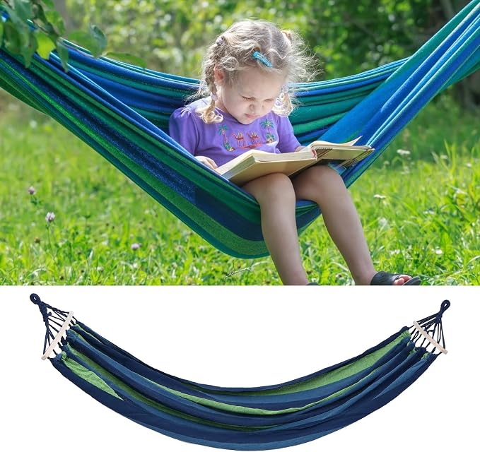 Outdoor Travel Canvas Hammock Swing for Camping and Hiking, Portable Single-Person Widened Blue Stripe 190x100cm Garden Swing Hammock