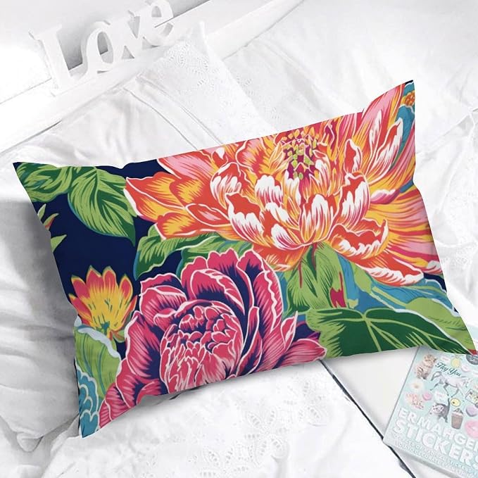 Floral Bright and Cheery Chinoiserie Rectangular Cushion Cover Pink Coral Peony on Navy Throw Pillow Cover Classic Decorative Cushion Cases Home Decor for Sofa Chair Bed Home Car 16x26in