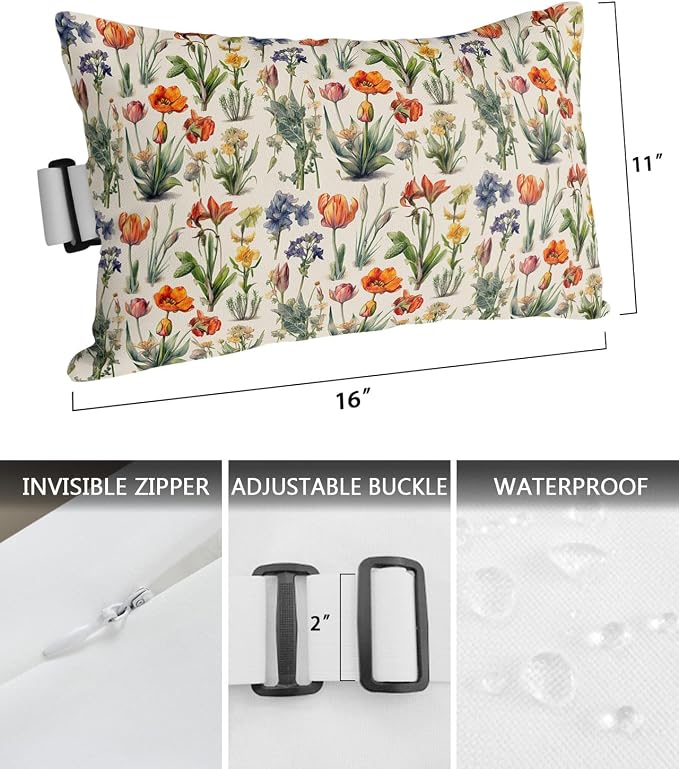 Outdoor Pillows Covers with Inserts Vintage Flowers Plantl Colorful Flowers Green Leaves Waterproof Pillow with Adjustable Strap Throw Pillows for Patio Furniture Recliner Lounge Chair, 11"x16", 1PCS