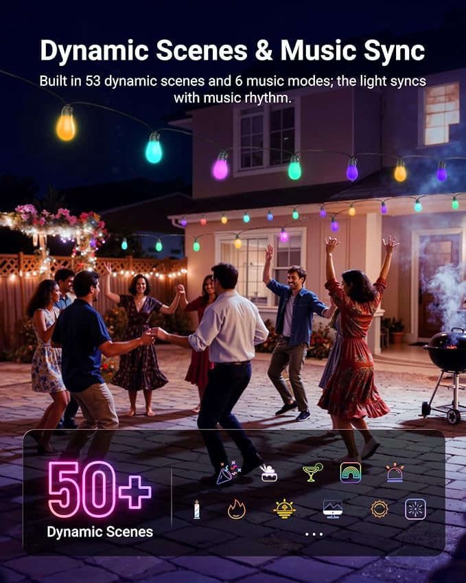 NEEWER 96ft Outdoor String Lights, App Control Smart AI RGB IC W Hanging Outside Warm White Patio Balcony Backyard Lighting, IP65 Waterproof, 30 LED Bulbs,50+ Scenes, Compatible with Alexa Google,NR01