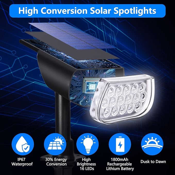 Solar Spot Lights Outdoor, IP67 Waterproof Landscape Spotlights 3 Lighting Modes Solar Outdoor Lights Dusk to Dawn for Yard Garden Pathway 4 Pack