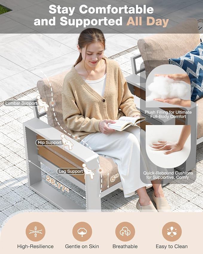 Aoxun Aluminum Patio Furniture Set with Fire Pit Table, 5 Piece Luxury Outdoor Sectional with 6" Olefin Fabric Cushions, Patio Conversation Sets with Waterproof Cover for Backyard, Porch Beige