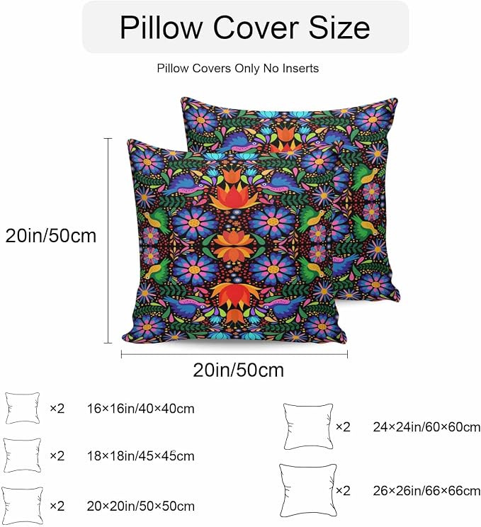 Outdoor Waterproof Throw Pillow Covers Set of 2 Colorful Mexican Floral Pillowcases 16x16 Inches Bird Rustic Assorted Flower Decorative Pillows Cushion Case Patio Pillows for Couch Bed Chair Garden