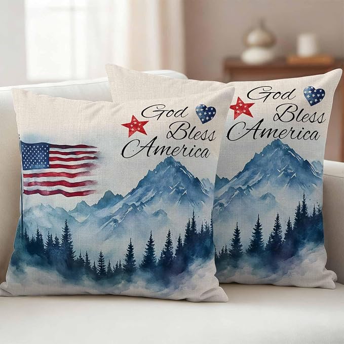 4th of July Outdoor Pillow Covers 18x18 Inch Throw Pillow Covers Set of 2 Waterproof Decorative Pillow Cases Independence Day American Flag Forest Cushion Covers for Patio Furniture Garden Couch Sofa