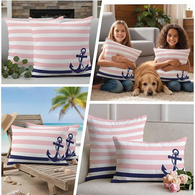 Anchor Pink Waterproof Outdoor Pillow Covers Set of 2 Home Decor Modern Navy Blue White Striped Nautical Pillowcase Patio Pillow Covers for Couch Bench Furniture Garden 16x16in