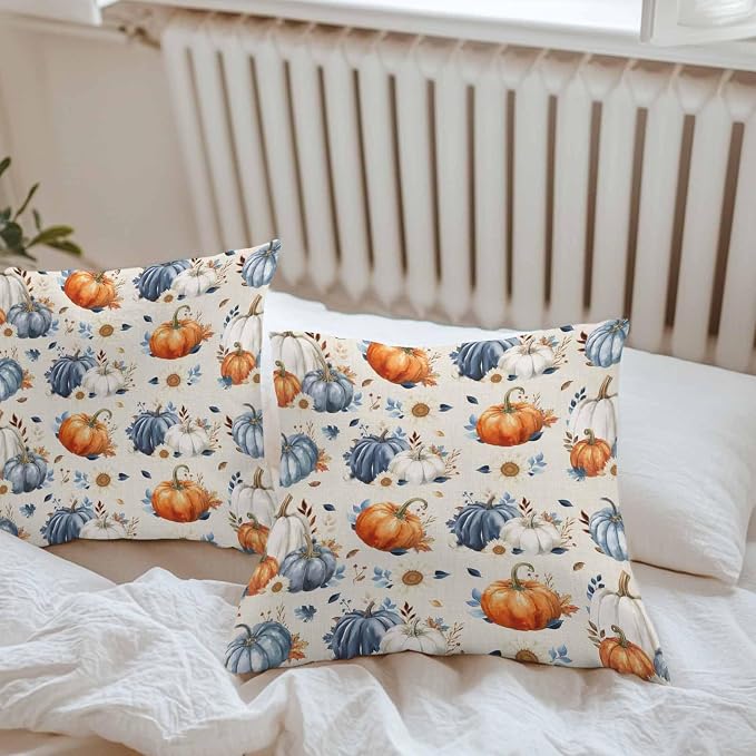 Fall Outdoor Throw Pillows Covers 26x26 inch Set of 2 Waterproof Orange Blue White Pumpkin Zippered Cushion Covers for Patio Furniture, Autumn Maple Leaf Flowers Linen Thanksgiving Lumbar Pillowcases