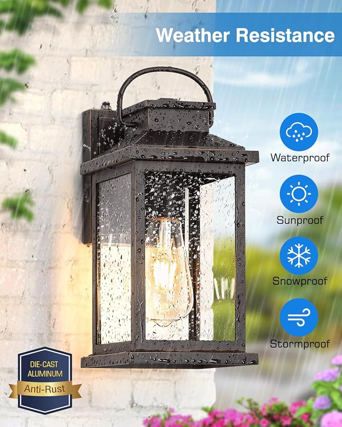 VIANIS Outdoor Porch Lights for House, Farmhouse Oil Rubbed Bronze Gold Trim Exterior Light Fixtures Wall Mount Sconce, Anti-Rust Dusk to Dawn Outdoor Lighting Lantern for Garage, Front Patio, 2-Pack | Automatic On and Off, Exterior Light Fixtures Wall...