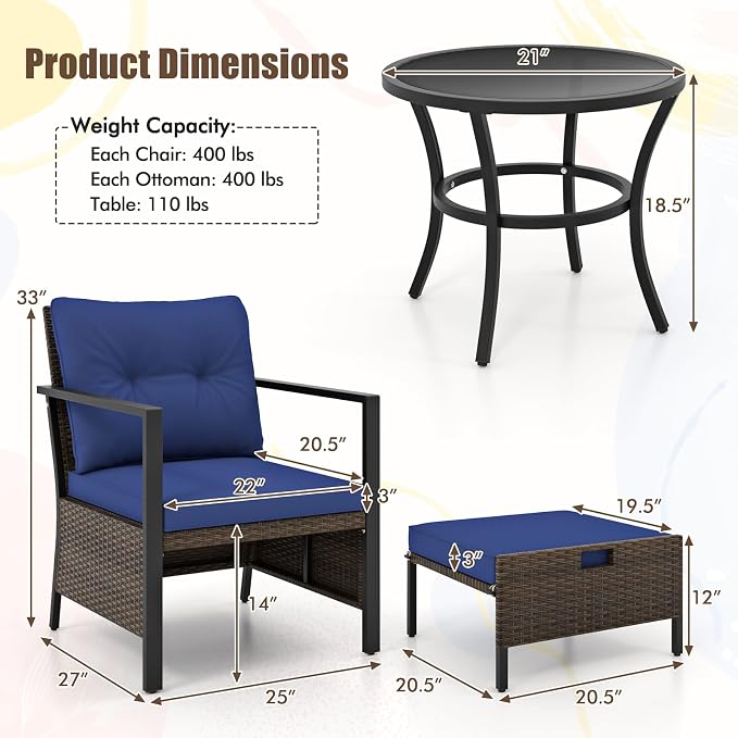 Tangkula 5 Piece Outdoor Furniture Set, Rattan Chairs & Ottomans w/Round Glass Topped Coffee Table, Space Saving Cushioned Patio Conversation Set for Backyard, Poolside (Navy)