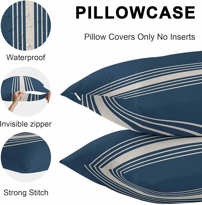 Navy Blue Beige Striped Outdoor Pillow Covers 24x24 Inch Throw Pillow Covers Set of 2 Waterproof Decorative Pillow Cases Modern Farmhouse Retro Lines Cushion Covers for Patio Furniture Garden Couch