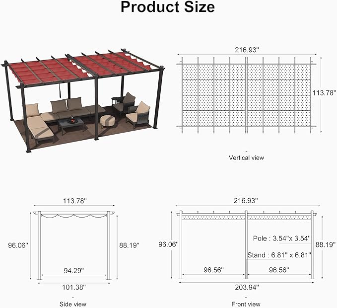 PURPLE LEAF 10' X 18' Outdoor Pergola with Retractable Canopy Aluminum Shelter for Porch Garden Sun Shade Beach Pavilion Grape Trellis Grill Gazebo Modern Backyard Deck Metal Patio Pergola Terra