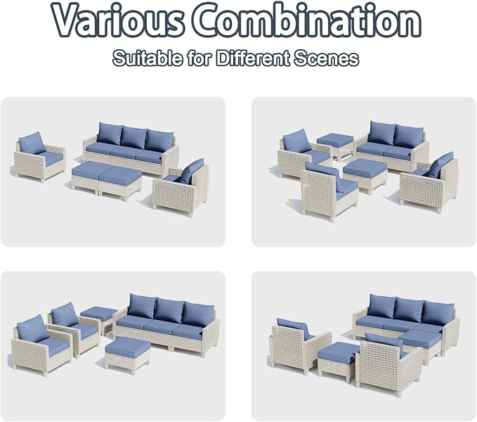 Outdoor Patio Furniture Set 14-Piece Modular Wicker Sectional Sofa with Ottomans and Thick Cushions, Modern Rattan Outdoor Conversation Couch for Garden Backyard, Navy