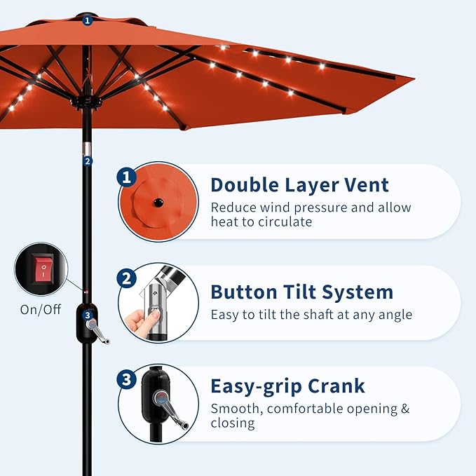 Garvee 9/10 FT Solar Patio Umbrella with 32 LED Lights - Outdoor Table Umbrella with Crank Lift, Push Button Tilt and 8 Sturdy Ribs - Market Umbrella UV Protection for Pool, Deck, Yard, Garden