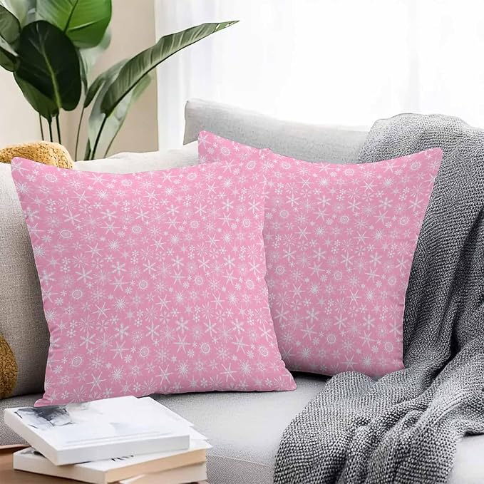 Pink Christmas Outdoor Pillow Cover 20x20 Inch Cushion Sham Case, Modern Winter Xmas White Snowflakes Waterproof Decorative Square Throw Pillowcase for Outside Garden Patio Porch Couch Chair Tent