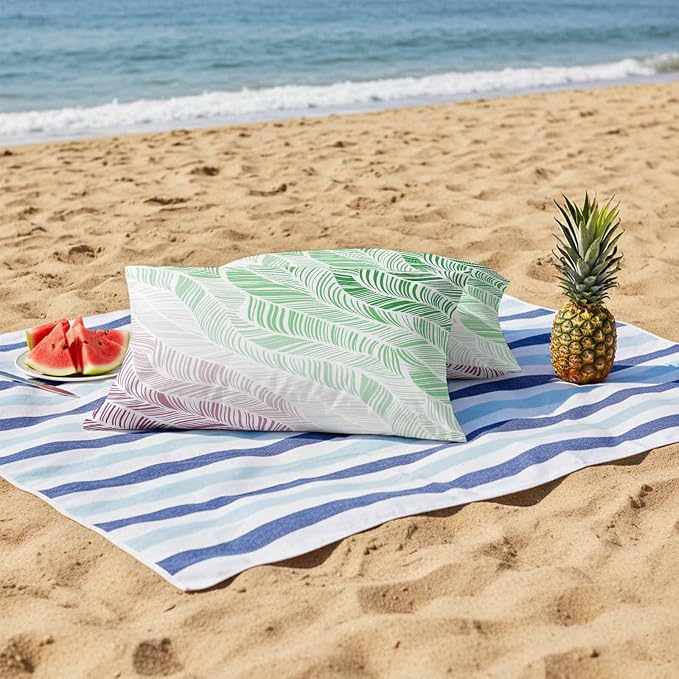 Vandarllin Outdoor Throw Pillows Covers 20x12 inch Set of 2 Waterproof Summer Beach Decorative Zippered Cushion Covers for Patio Furniture, Ombre Green Abstract Leaf Lines Lumbar Pillowcases