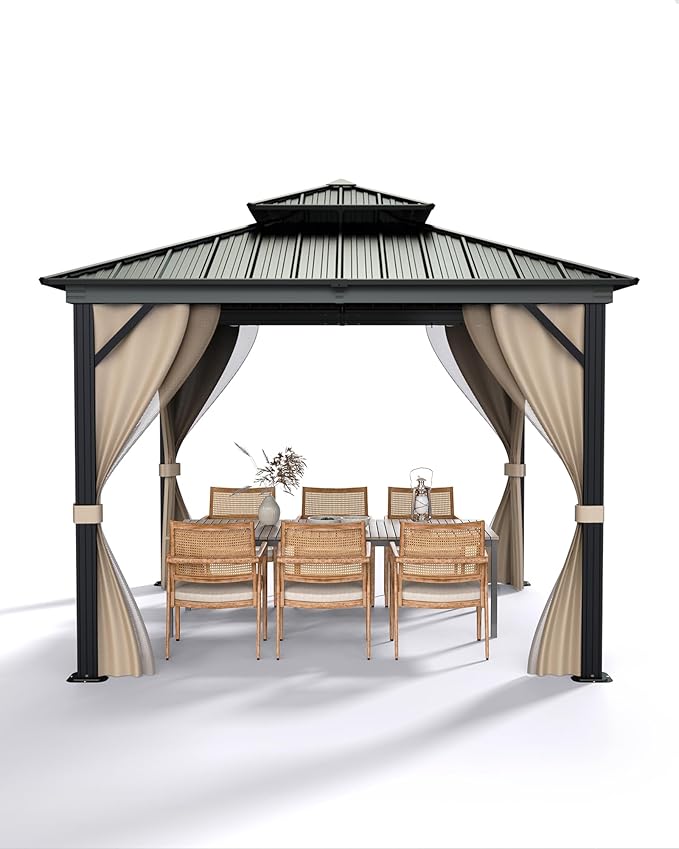 GarveeLife 10 ft x10 ft Hardtop Gazebo for All Weather, with Double Metal Roof, Aluminum Alloy Frame, Net, and Curtain, Permanent Building for Patio, Deck, Backyard, Lawn, and Garden