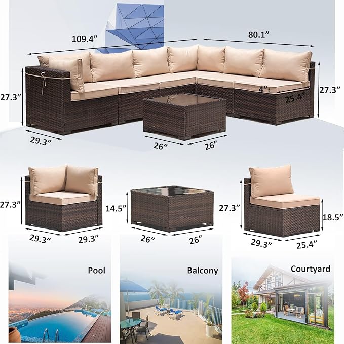 9 Pieces Outdoor Patio Furniture Sets,Wicker Conversation Set Sectional Sofa,Includes 8 All-Weather High Back PE Rattan Seating Components w/Thickened Cushions&Coffee Table,Sand