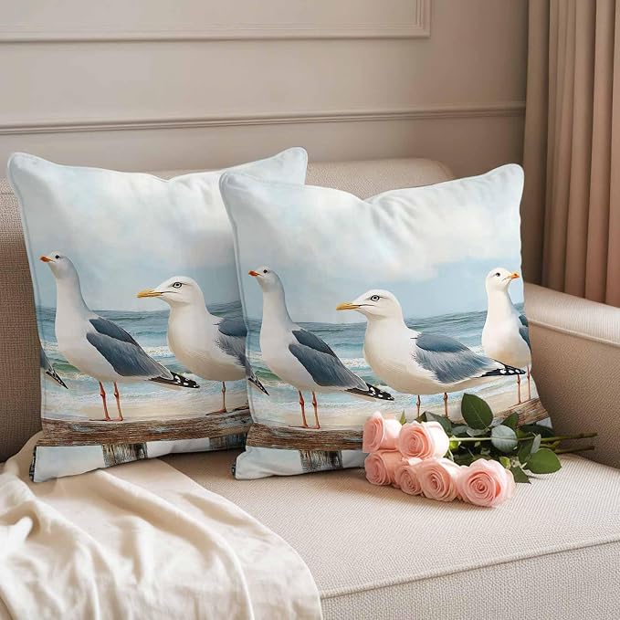 Coastal Seagull Waterproof Outdoor Pillow Covers Set of 2 Home Decor, Summer Beach Ocean Bird Watercolor Pillowcase Patio Pillow Covers for Couch Bench Furniture Garden 26x26in