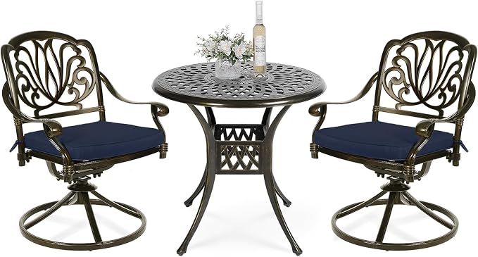 VIVIJASON 3-Piece Patio Furniture Dining Set, Outdoor All-Weather Cast Aluminum Bistro Set, Include 2 Swivel Chairs and 31" Round Table w/Umbrella Hole for Balcony, Lawn, Garden (Navy Blue Cushion)