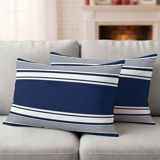 Outdoor Waterproof Throw Pillow Covers, Navy Blue Striped Decorative Pillow Cases, Modern Color Block Farmhouse Stripes Couch Pillow Protector Patio Sofa Cushion Covers Replacement 20"x12" 2 Pack