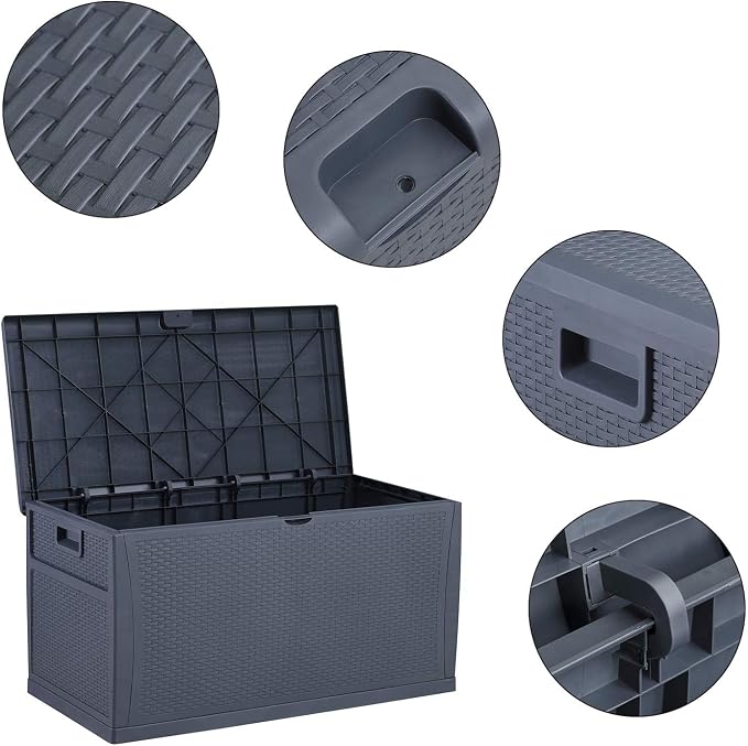 Leisurelife Plastic Deck Box Wicker 120 Gallon, Water resistant Storage Container Outdoor Patio Garden Furniture, Gray