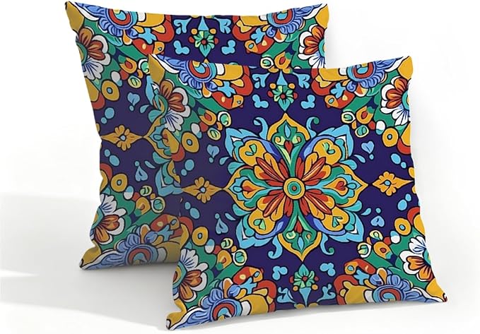 16x16 Inch Outdoor Pillow Covers Set of 2 Waterproof Throw Pillow Covers Decorative Couch Cushion Covers Mexican Style Floral Square Pillowcases Protectors for Patio Garden Sofa