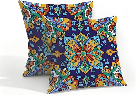 16x16 Inch Outdoor Pillow Covers Set of 2 Waterproof Throw Pillow Covers Decorative Couch Cushion Covers Mexican Style Floral Square Pillowcases Protectors for Patio Garden Sofa