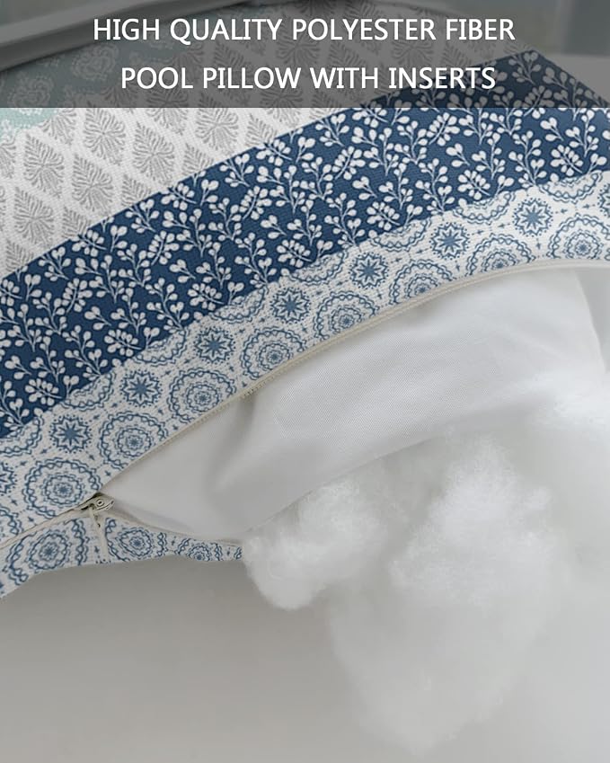 Outdoor Pillows Covers with Inserts Boho Geometric Floral Stripe Ethnic Blue Grey Waterproof Recliner Pillow with Adjustable Strap Throw Pillows for Patio Furniture Pool Lounge Chair, 11x16 inch, 2PCS