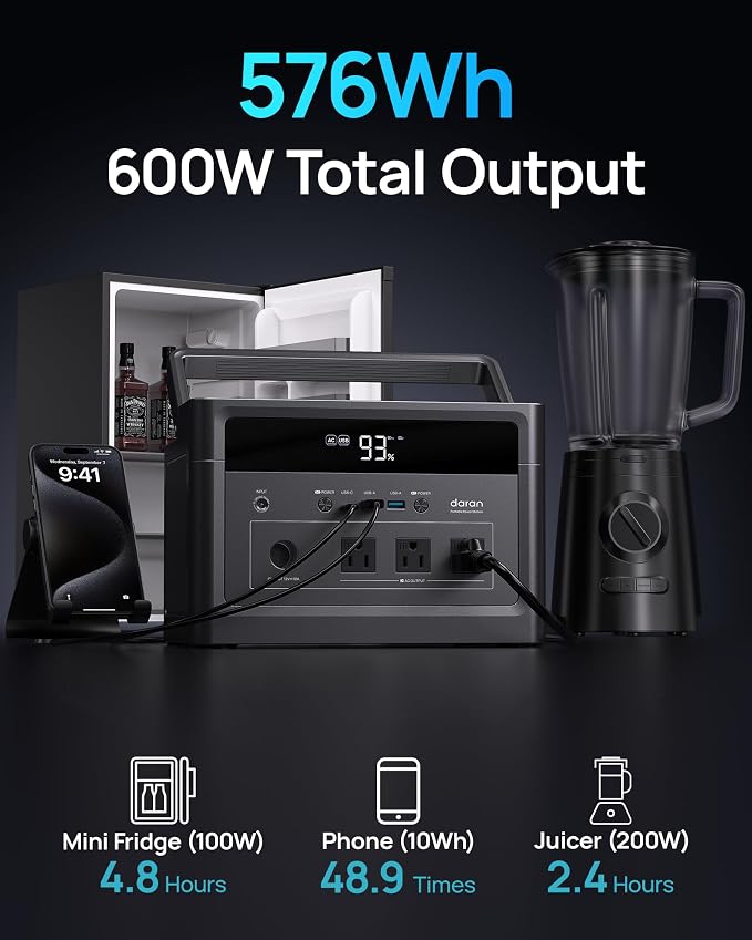 DARAN Portable Power Station 600W (1200W Peak) 576Wh LiFePO4 battery with 100W Solar Panel, Fast Recharge AC/Car/Solar, 3 AC Outlets, USB-C PD for Camping, RV, CPAP, Emergency Backup