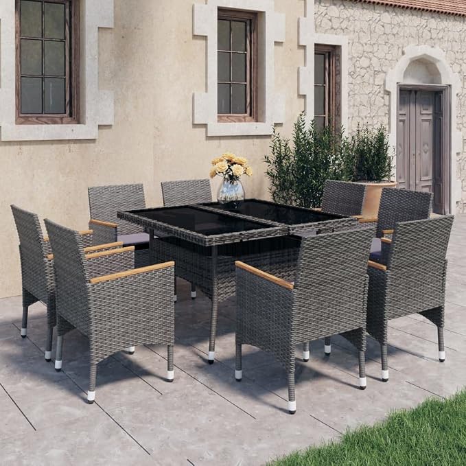 9-Piece Outdoor Dining Set in Grey and Brown with Square Table and 8 Armchairs, Durable Poly Rattan and Acacia Wood Furniture for Patio, Weather-Resistant Comfort Seating