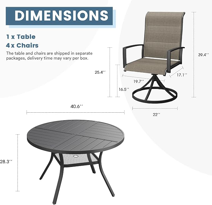 DIFY 5 Piece Outdoor Dining Set, Metal Patio Table and Chairs Set, 40.6" Black Round Dining Table & 4 Brown Padded Textilene Swivel Patio Chairs, Outdoor Furniture Set for Garden Backyard Porch