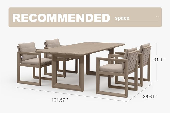 PURPLE LEAF Outdoor Dining Set for 4 Aluminum Luxury Patio Furniture Table and Chairs Set with Removable Thick Cushion Rectangular Patio Dining Sets for Small Backyard Porch Garden Deck Pool, Khaki