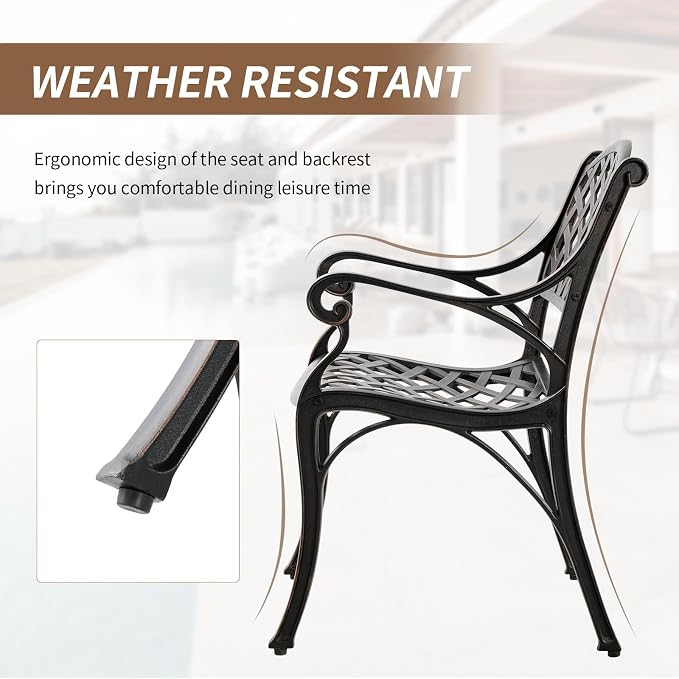 3 Piece Outdoor Dining Set,Cast Aluminum Bistro Set with Umbrella Hole, All Weather Patio Furniture Set, Small Patio Dining Set for Garden/Balcony/Deck, Bronze (Woven Backrest)
