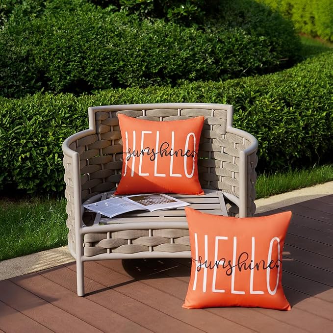 DFXSZ Dirty Orange Outdoor Waterproof Pillow Covers 20x20 Set of 2 | Hello Sunshine Decor Summer Fall Polyester Pillow Covers(NO INSERTS)| Decor for Patio Funiture Garden Sofa Couch