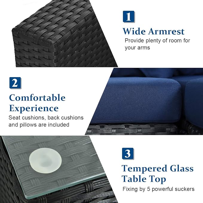 Tangkula 7-Piece Patio Furniture Set, Outdoor Sectional Wicker Sofa with Pillows and Cushions, Conversation Set with Coffee Table & Tea Table for Garden, Lawn (Navy Blue)