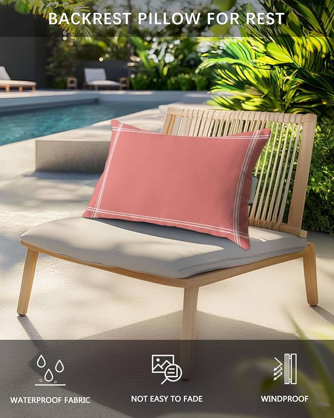 Outdoor Pillow for Lounge Chair with Strap & Insert Coral Red Recliner Head Pillow Solid Color Waterproof Headrest Patio Lumbar Pillows for Beach Pool Office Chaise Chair 12x20 Inch