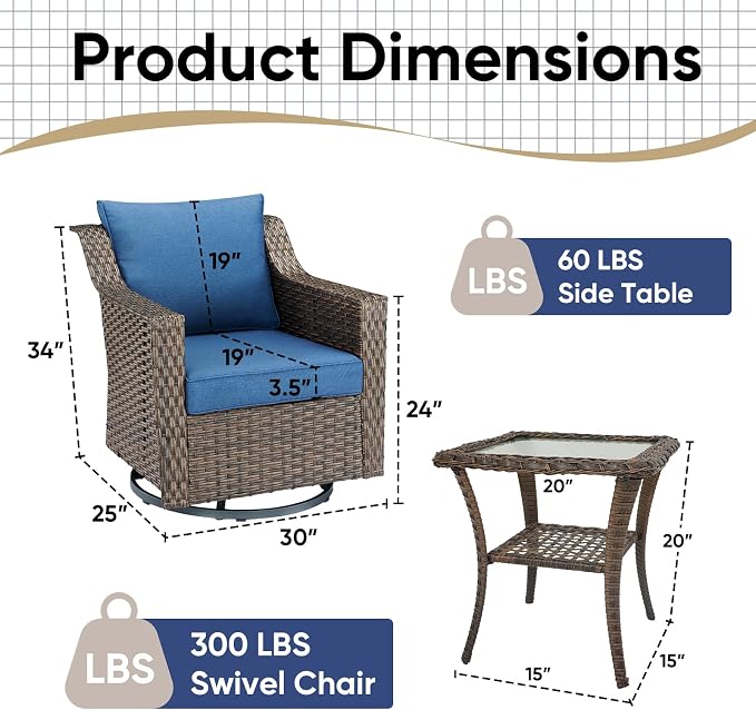 3-Piece Wicker Patio Furniture Set - All-Weather Wicker Swivel Patio Chairs with Side Table for Deck, Balcony, Poolside, Backyard - Brown/Blue